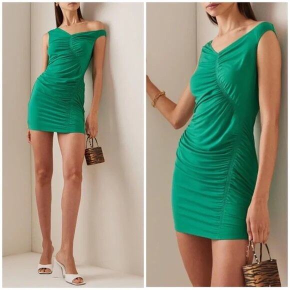 Self-Portrait Dresses & Skirts - Self Portrait Bright Green One Shoulder Ruched Jersey Mini Dress Gathered